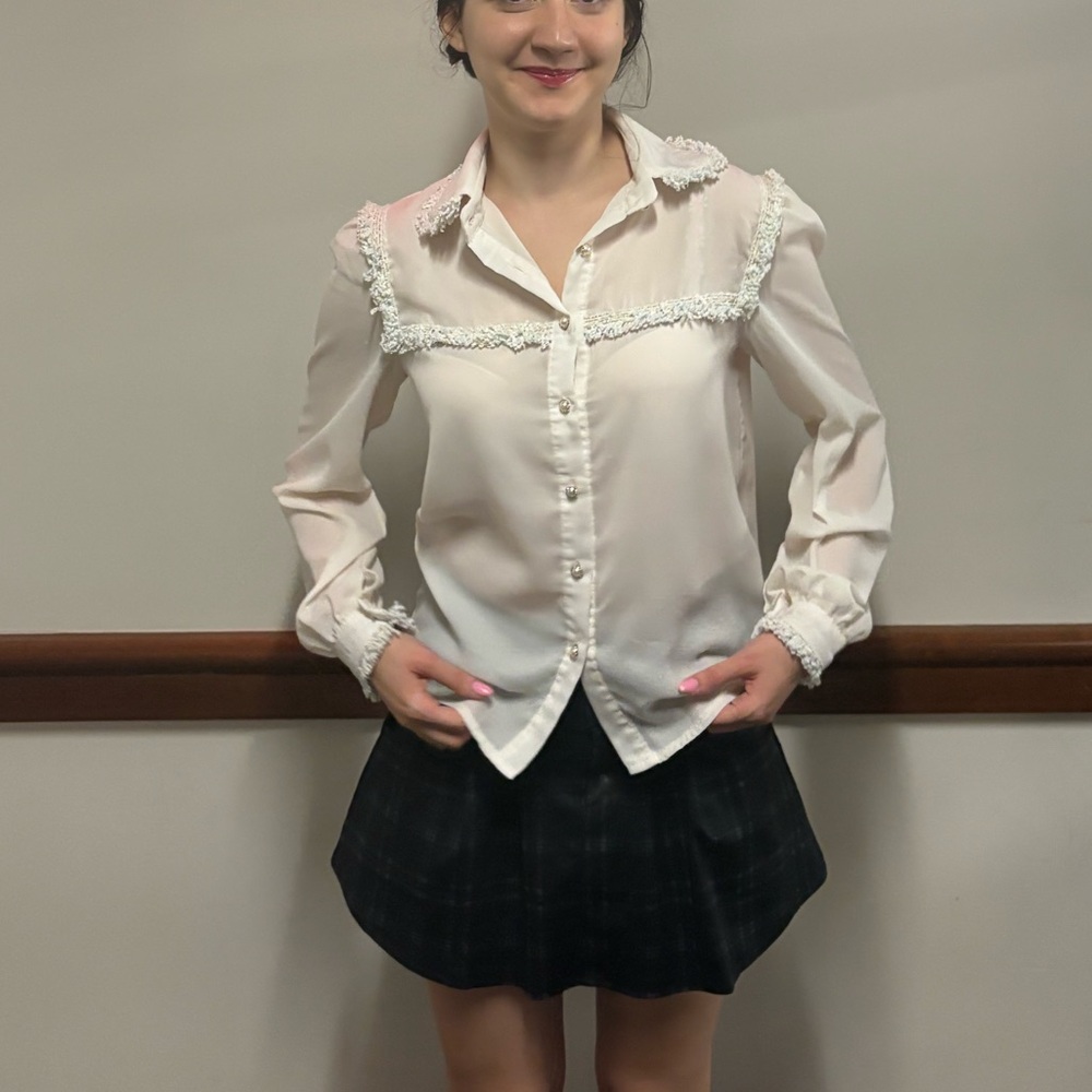 Business Casual Button Down Blouse with Pearl detail